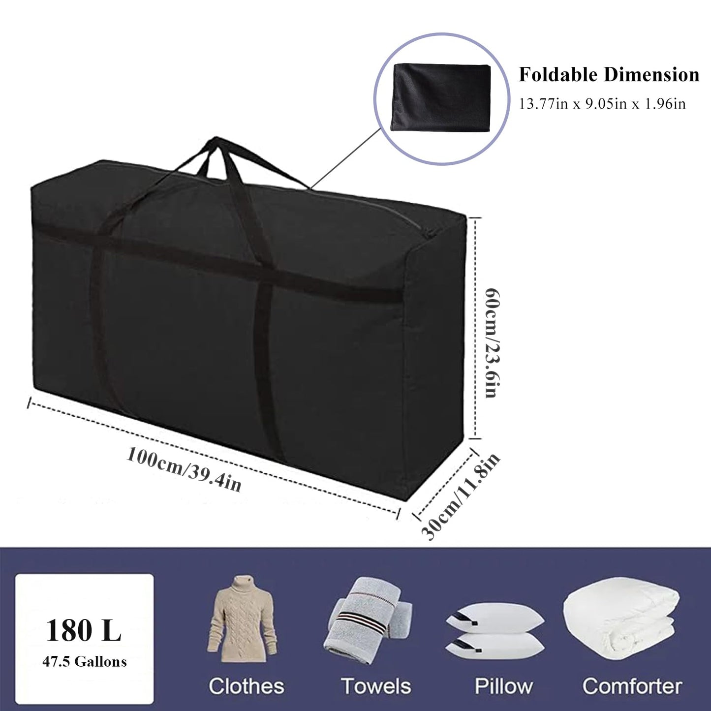 WITERY 2 Pack 180L/47.5 Gallons Extra Large Storage Bags Jumbo Duffle Bag for Travel Moving Totes Boxes Heavy Duty Stronger Handles Zippers Reusable Storage Totes for Bassinet Clothes Blankets