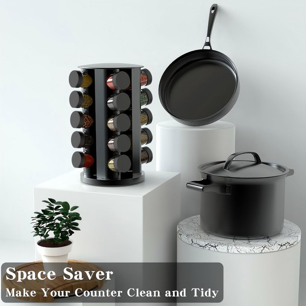 Handisen Rotating Spice Rack Organizer for Cabinet, Spice Racks Storage with 20 Jars, Spinning Spice rack for Kitchen Countertop, Spice Holder,Seasoing Storage Racks, Black