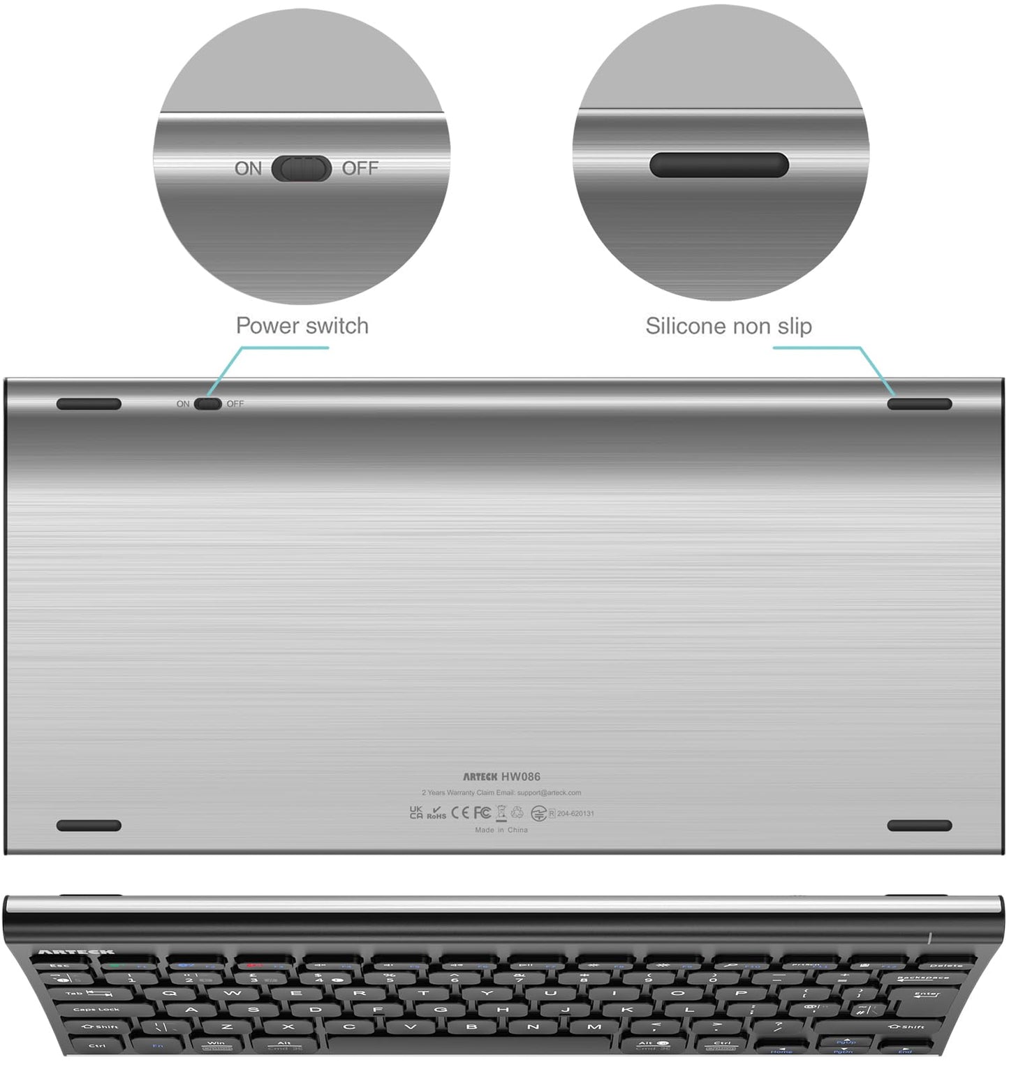 Arteck Bluetooth Keyboard, Stainless Steel Universal Portable Multi-Device Wireless Bluetooth Keyboard for iOS, Android, Windows iPad Tablet PC Smartphone