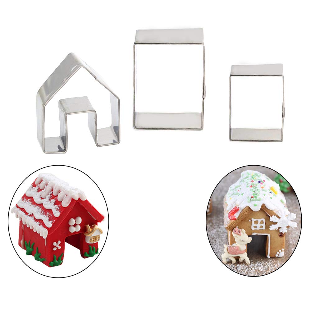 SIENON Gingerbread House Cookie Cutter Set 3pcs, 3D Stainless Steel Mini Christmas House Cookie Cutter Kit, Ginger bread Biscuit Cookie Mold Mug Topper, Xmas Holiday DIY Baking Tools