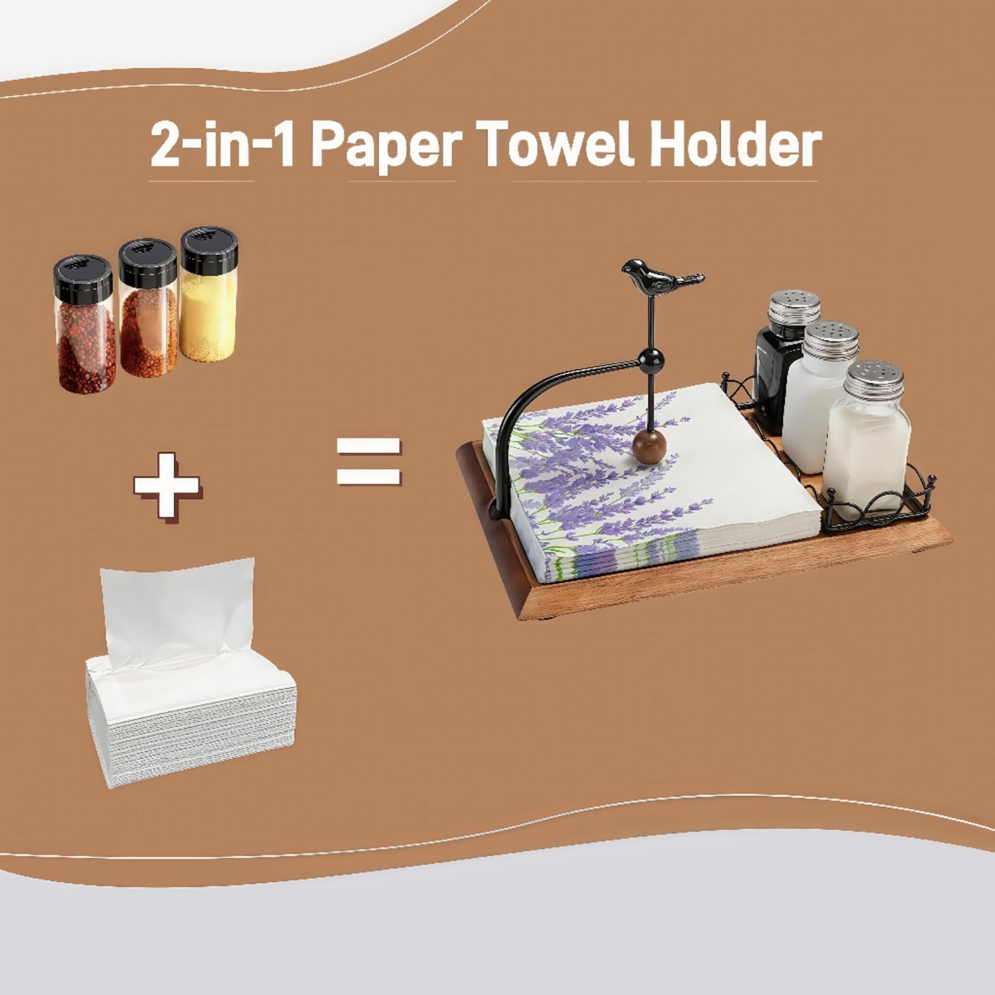Zipenghua Solid Wooden Bird Napkin Holder for Table，Napkin Dispenser with Salt and Pepper Shakers, 2-in-1 Vintage Flat Paper Towel Holder for Bar, Kitchen & Dinning Room not Included Shakers