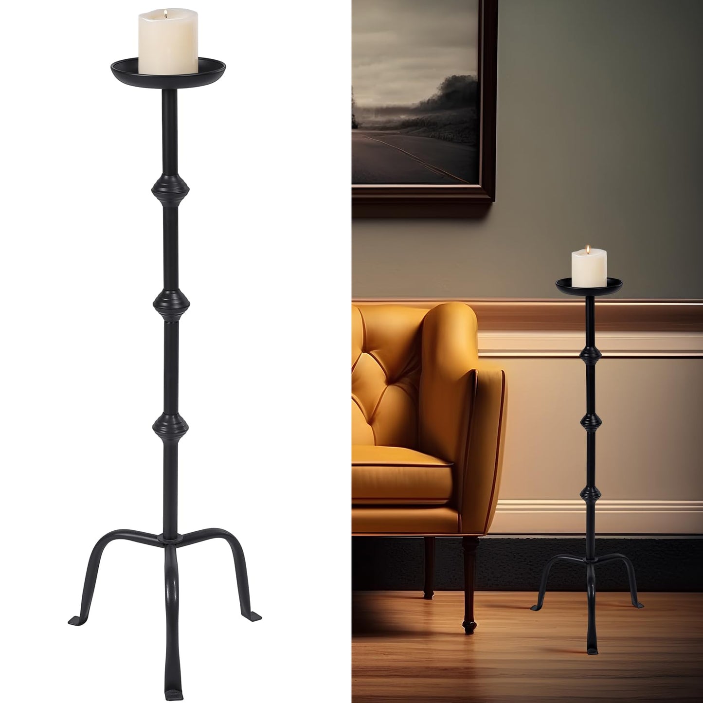 Mumufy 1 Pcs 32 Inch Metal Candlestick Floor Pillar Candleholder Elegant Tall Candleholder Metal Candelabra Candlesticks Holder for Formal Events Wedding Church Holiday Decor (Black)