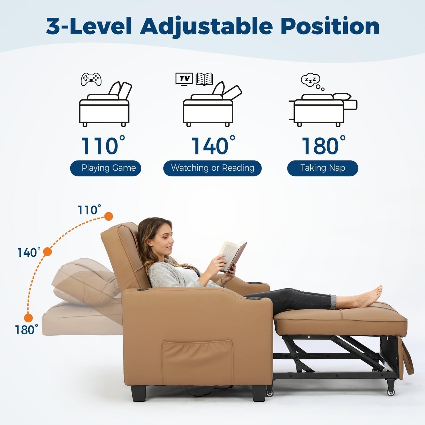 4 in 1 Convertible Sleeper Chair Bed with Vibration Massage Lumbar Pillow, Single Sofa Recliner Featuring USB/Type-C Port, Cup Holders & Side Pocket, Space-Saving Pull Out Bed for Small Spaces, Brown