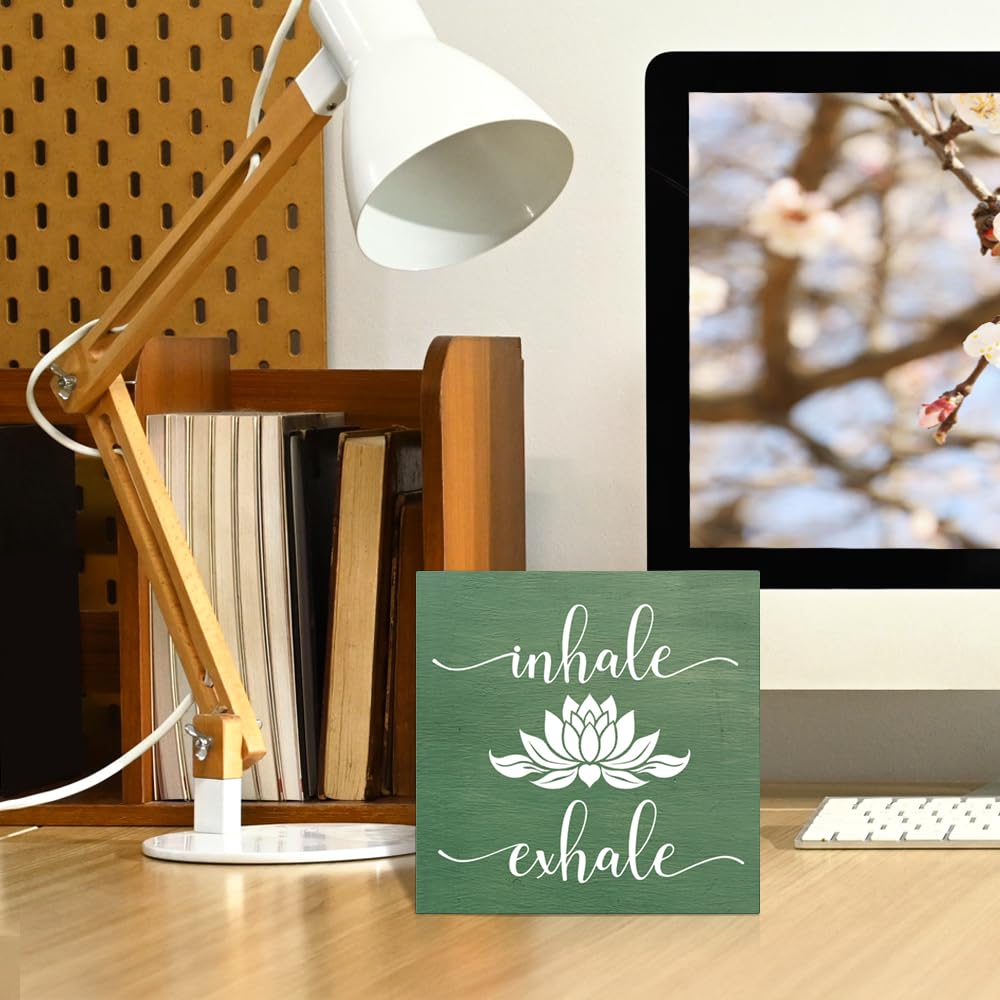 Pishovi Inhale Exhale Wooden Box Sign, Lotus Inhale Exhale Mindful Wood Door Sign for Home Office Farmhouse Bedroom Yoga Spa Room, Meditation Quote Plaque Gifts for Women Friend Coach Yoga Lover