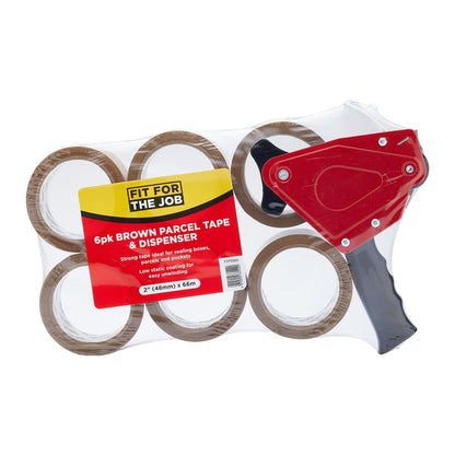 Fit For The Job Brown Parcel Tape Gun and Dispenser - Heavy Duty Packing Tape Dispenser for Efficient Sealing and Packing Needs - 6 Rolls