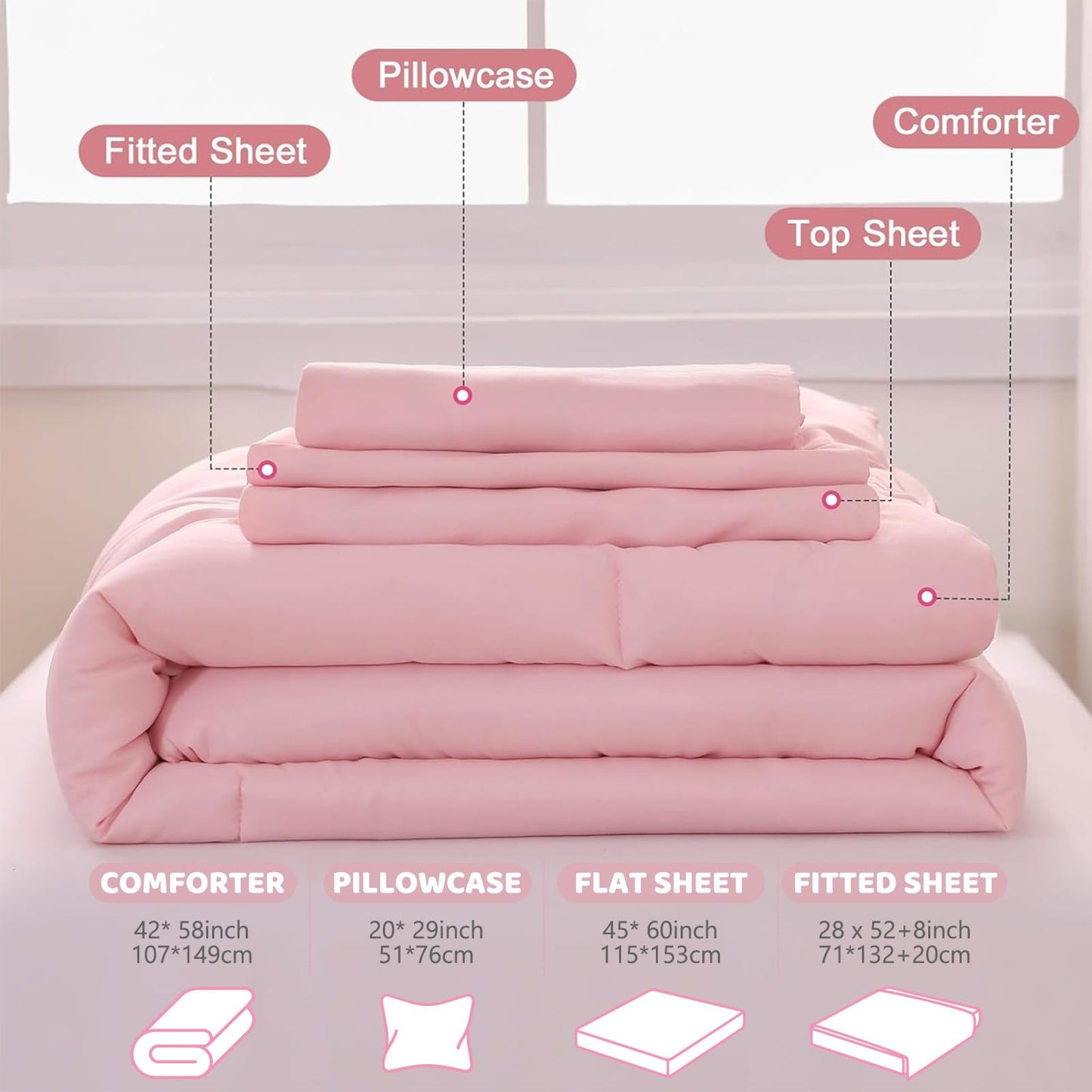 Wowelife Toddler Bedding Set for Girls, 4 Piece Double Ruffles Soft and Breathable Crib Bedding Set for Girls, Includes Quilted Toddler Comforter, Fitted Sheet, Flat Sheet and Pillowcase, Pink