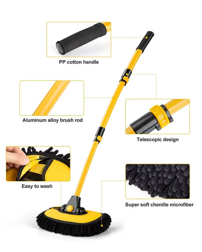 lesasas Car Wash Brush Kit with Extendable 50-102cm Handle, Soft Chenille Microfiber Mop & Mitt, 15° Bend Pole, Scratch-Free Auto Cleaning Tool for Car Van SUV Exterior