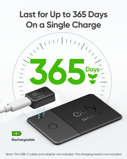 eufy Security SmartTrack Card E30 (Black, 1-Pack), Rechargeable, Works with Apple Find My (iOS Only), Bluetooth Tracker, Perfect for Wallet, Passport, and Laptop, Water Resistant