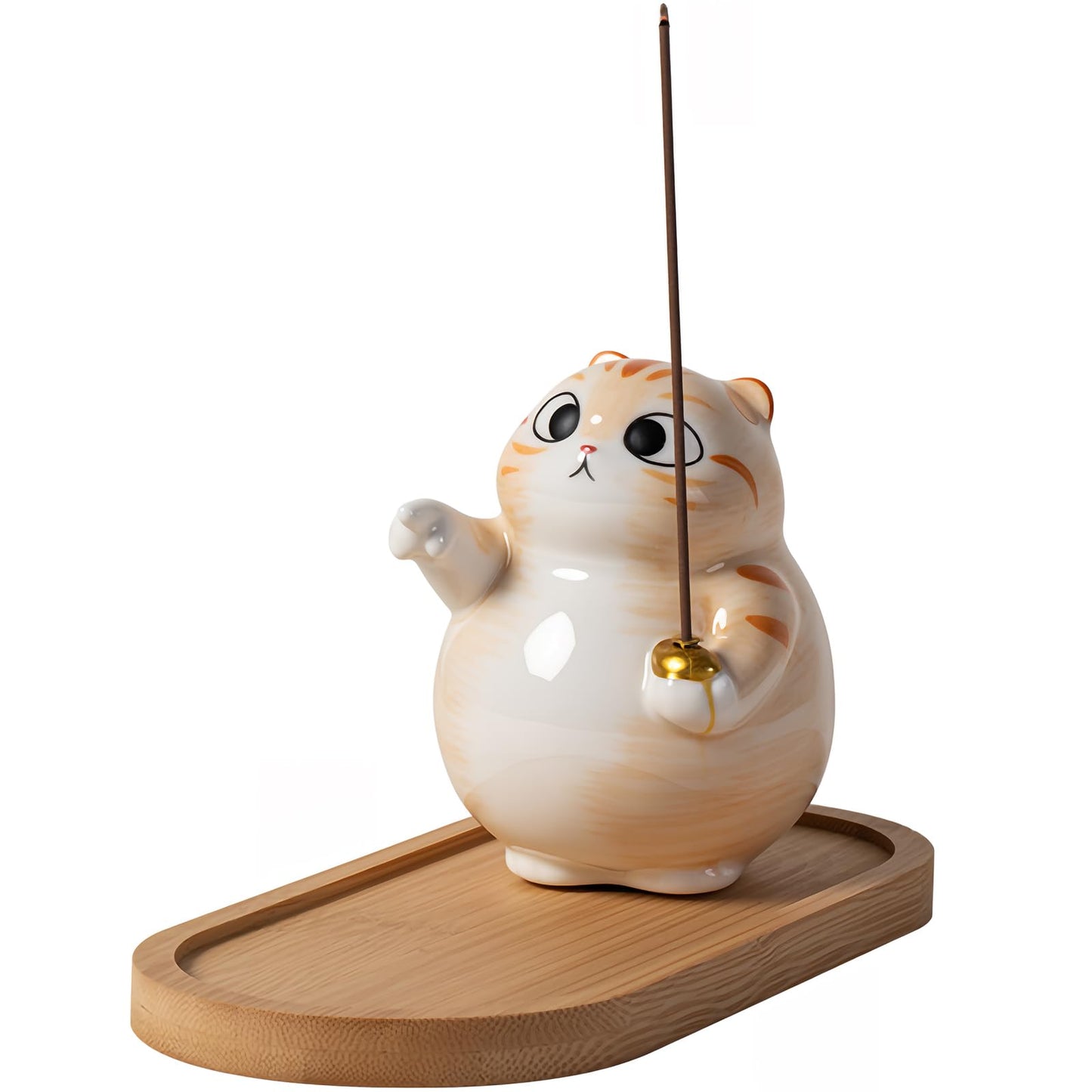 ZKSYLSM Cat Incense Holder - Cute Ceramic Incense Burner with Bamboo Ash Catcher Tray, Orange Tabby Cat Meditation Decor for Home Office, Zen Desk Accessories (3.4" L x 2.8" W x 3.5" H)