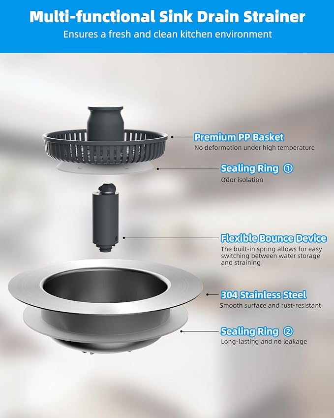 Hibbent Upgraded 3 in 1 Kitchen Sink Drain Strainer and Stopper Combo,