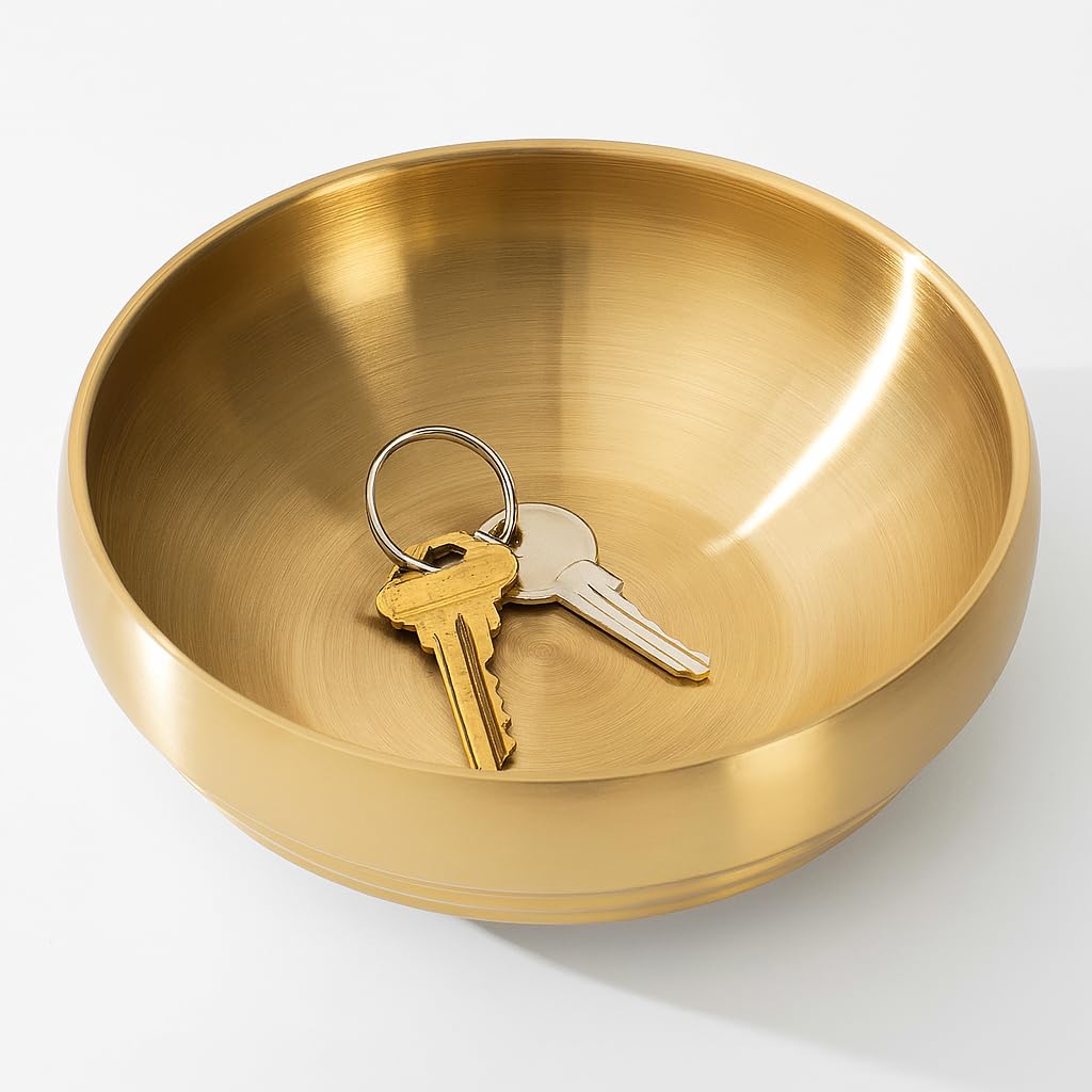 ZYNVORA Gold Decorative Bowl, 7.4 Inch Stainless Steel Key Bowl for Entryway Table, Brushed Surface Modern Fruit Purse Bowl for Kitchen Counter, Coffee Table
