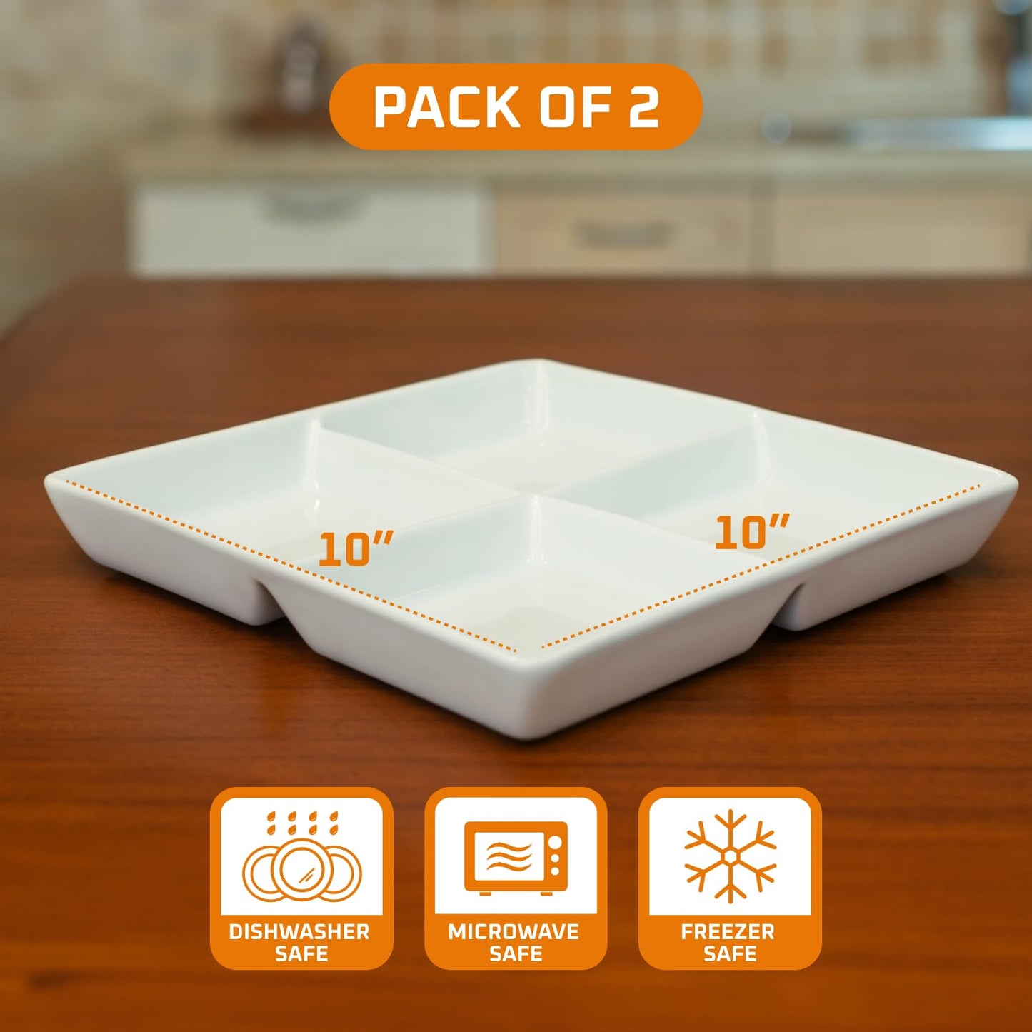 Bruntmor Set of 2 Dinner Serving Tray Dish - 10 x 10 Inch White Ceramic Serving Platter with 4 Compartments - Durable, Decorative Appetizer and Snack Tray for Brunch, Parties, and Dinner Table Display