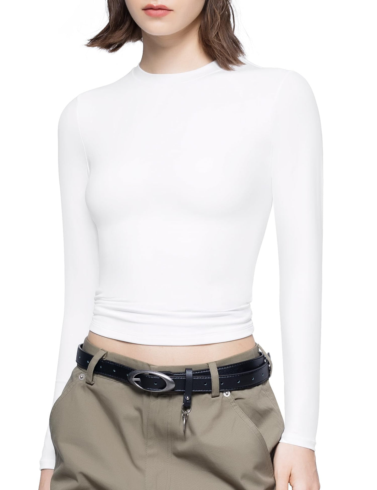 PUMIEY Long Sleeve Shirts for Women Crew Neck Slim Fit Fall Tops Sexy Basic Tee, Splashed White Medium