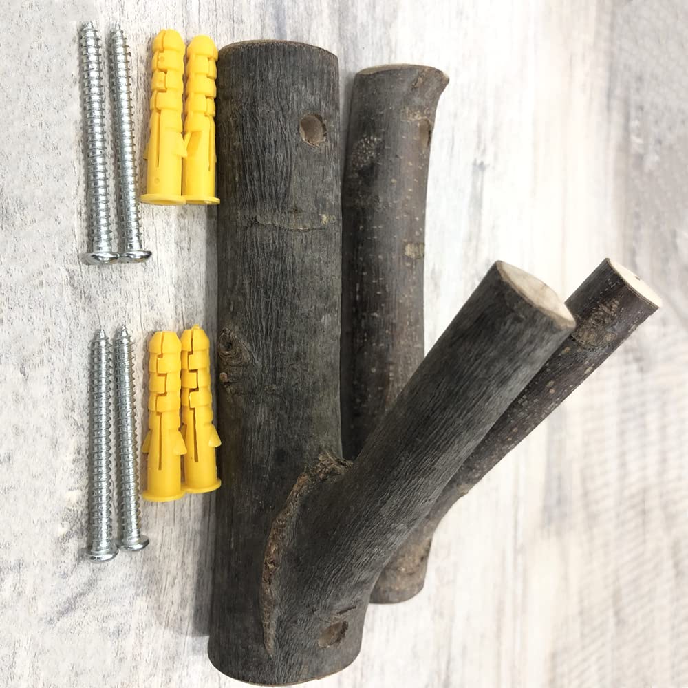 Tsnamay 2Pcs Real Wood Tree Branch Wall Hook, Farmhouse Rustic Decorative Wooden with Bark Trunk Thickness 2cm-3cm with Screw