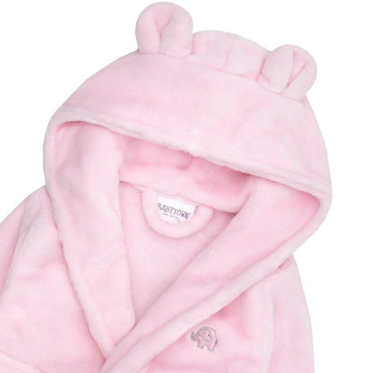 Baby Boys & Girls Unisex Dressing Gown (Ages 6-24 Months) Soft Plush Flannel Fleece Hooded Bath Robe Pink