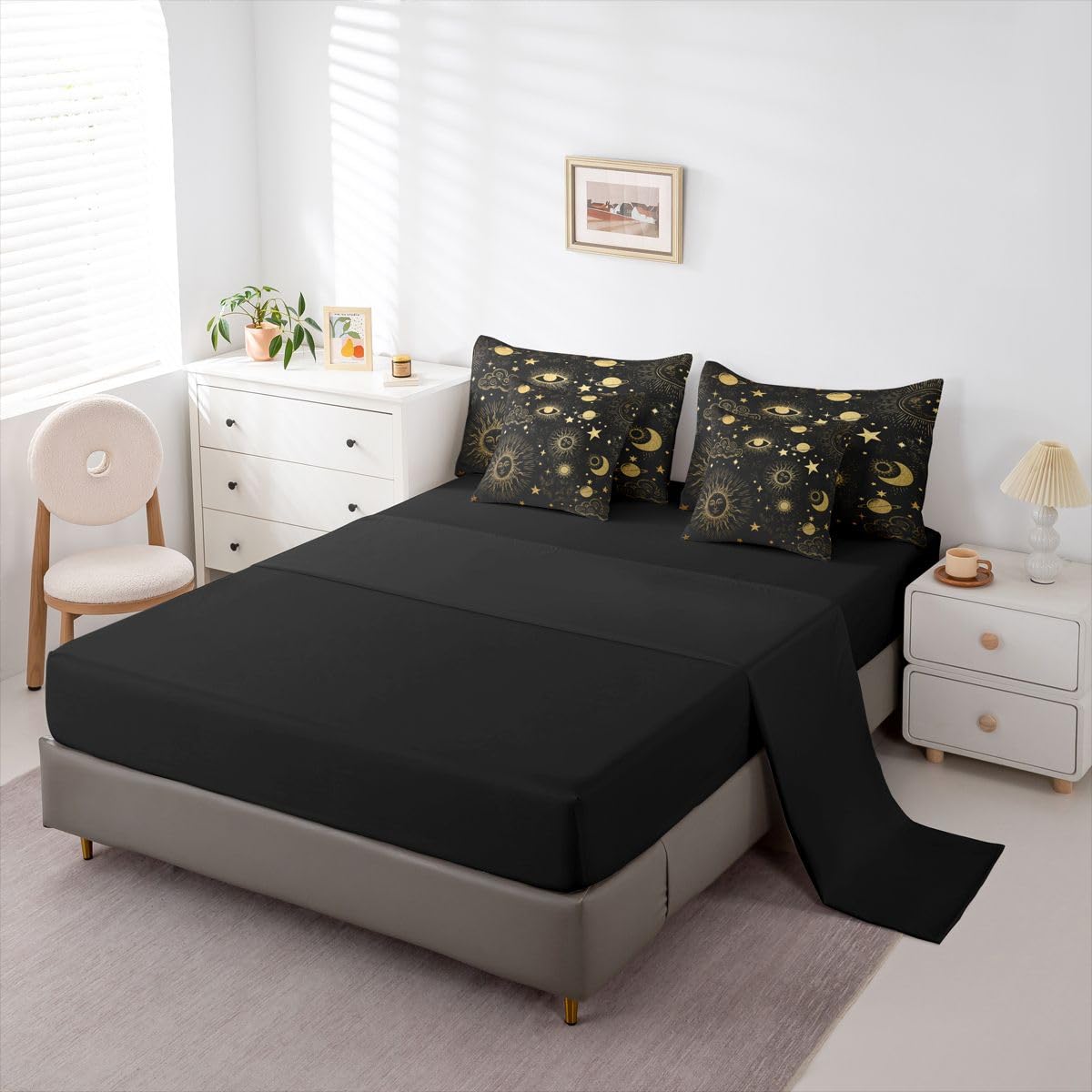 Erosebridal Sun and Moon Queen Comforter Set with Sheets | Starry Sky Series Stars 7-Piece Bedding Set Bohemian Bed in a Bag, Gold Sun Face Pattern Galaxy Cosmic Planets Bed Sets