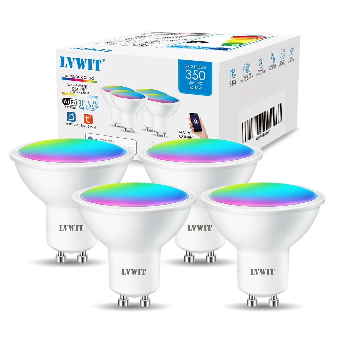 LVWIT GU10 Led Bulb,Smart RGB GU10 Tuya APP Bulbs,5W Replace 35 Watt, 350Lm,Compatible with Alexa, Echo, Google Assistant, TUYA/Smart Life Bulbs (Pack of 4)