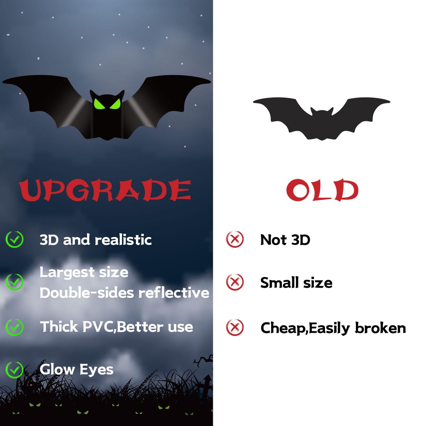 Halloween Decorations - 56 Pcs Spooky 3D Bats With Glow Eyes for Indoor Outdoor Party Decor - Plastic Scary Gothic Stickers for Bathroom Kitchen Home Room Wall