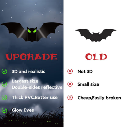 Halloween Decorations - 56 Pcs Spooky 3D Bats With Glow Eyes for Indoor Outdoor Party Decor - Plastic Scary Gothic Stickers for Bathroom Kitchen Home Room Wall