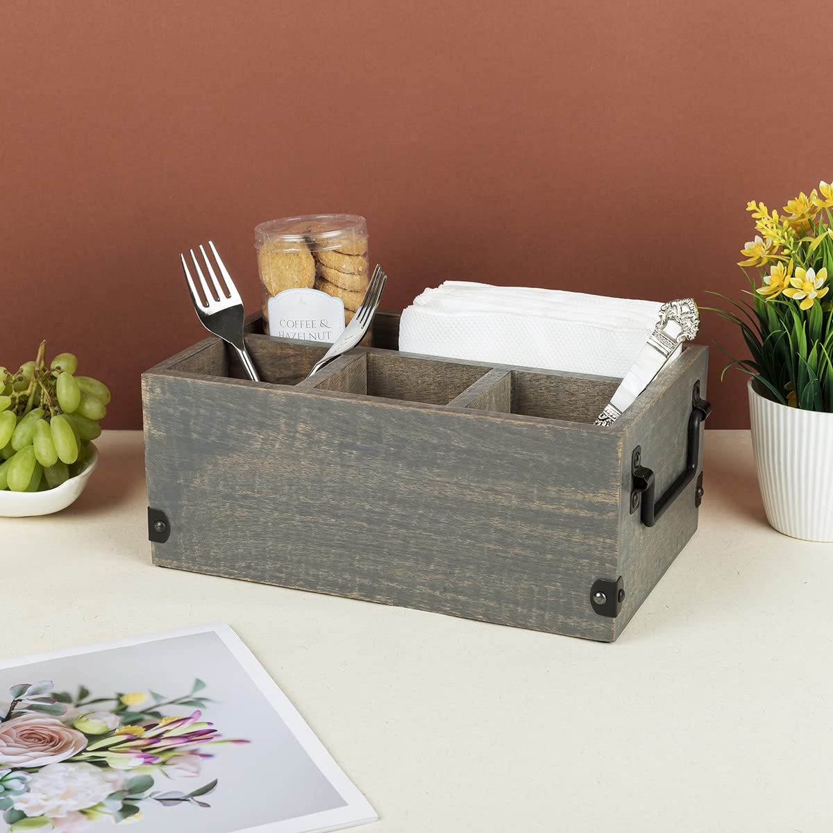 GoCraft 4 Compartment Flatware Caddy, Cutlery Utensil Holder, Silverware Condiment Organizer with Napkin Holder for Kitchen, Dining, Picnics, Grey Washed Mango Wood Caddy with Metal Handles