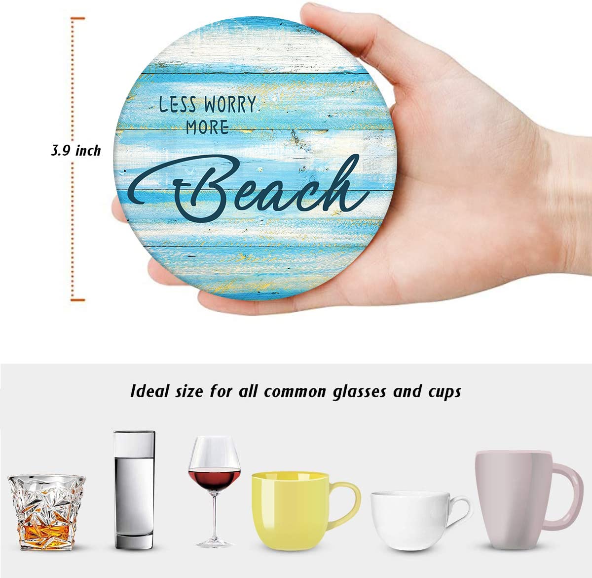 Britimes Coaster for Drinks Set of 6, Beach Shell Antique Teal Blue Table Absorbent Round Ceramic Stone Mat, with Cork Base and Metal Holder, Gift for Housewarming Room Bar Decor