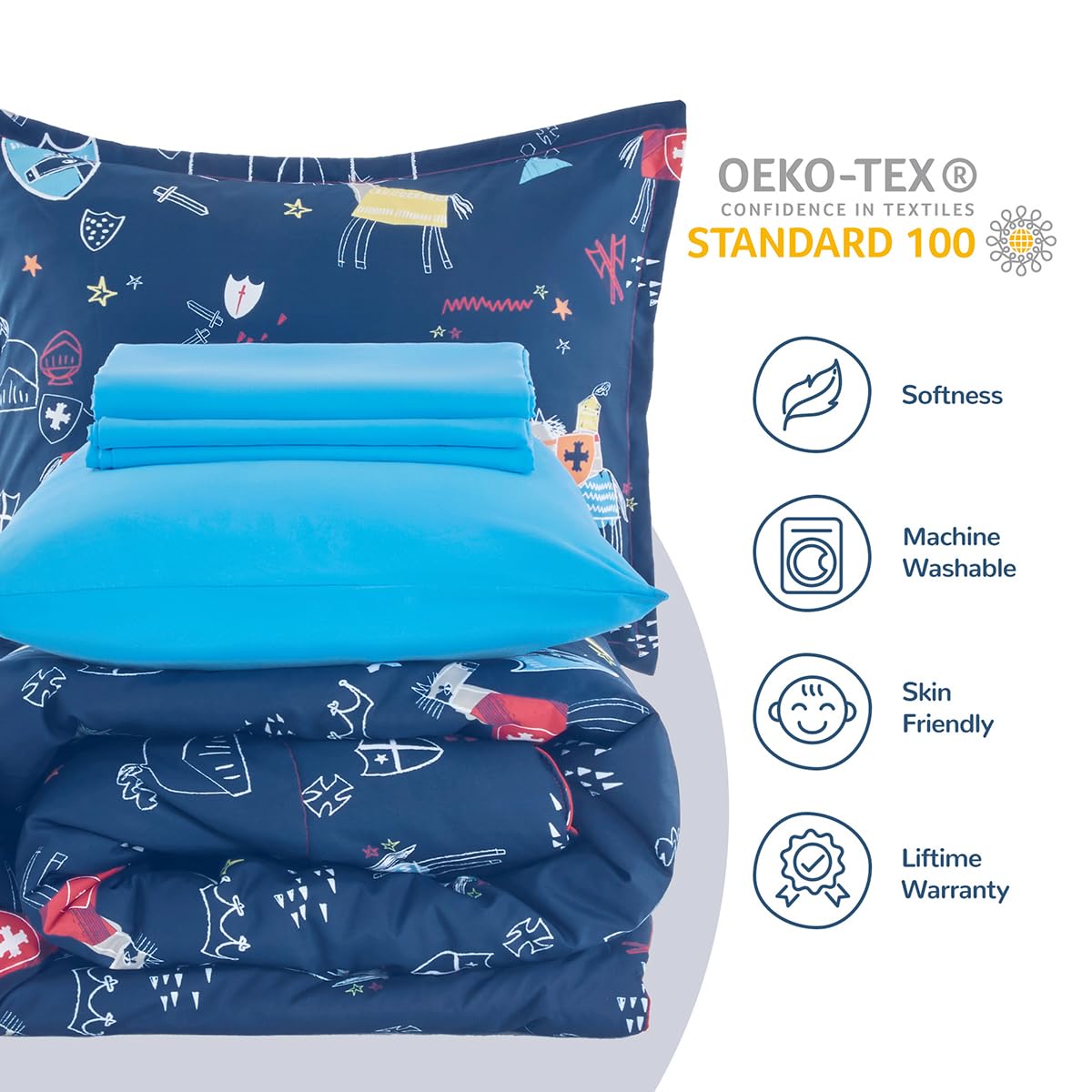 Sleep Zone Kids Bedding Comforter Set Twin Size Super Cute Soft Kids Bed in a Bag 5 Pieces with Comforter, Sheet, Pillowcase and Sham, Knight‘s Tale