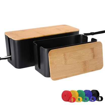 Cable Management Box, 2 Pack Bamboo Lid Large Storage Wires Organizer Holder for Home, Desk, TV, Computer, USB Hub - to Cover Hide Surge Protector Conceal Power Strips & Cords (Black)