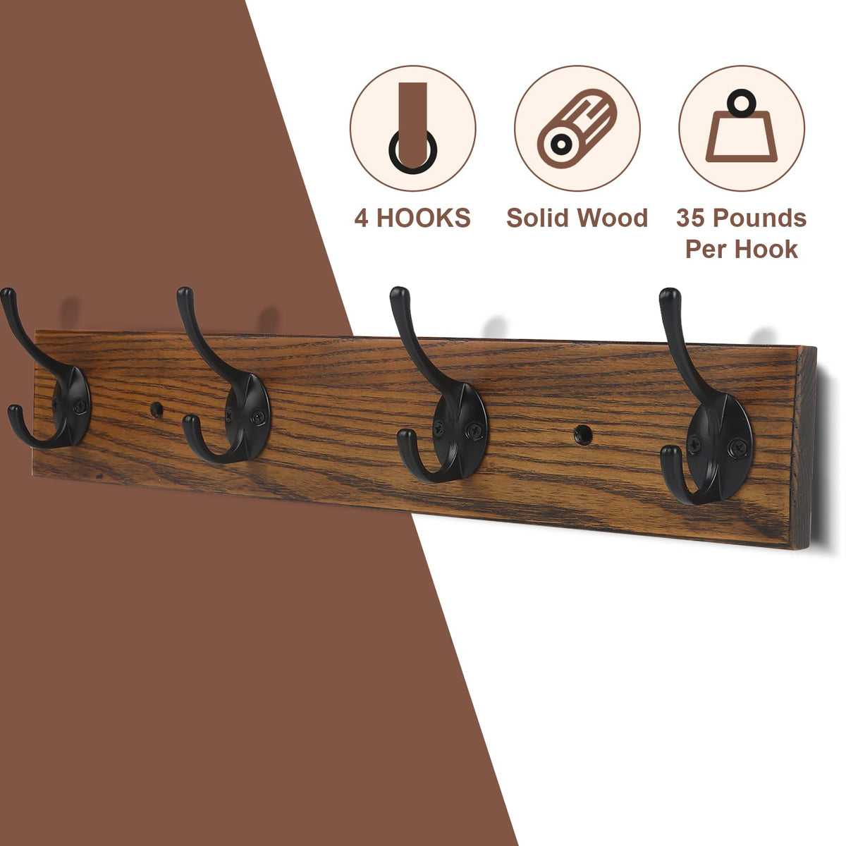YTJG Coat Rack Wall Mounted, Wall Coat Rack with 4 Rustic Coat Hooks, 17” Entryway Ash Wood Coat Hanger Rail Hooks for Hanging Coats Hats, Perfect for Bedroom Bathroom Kitchen