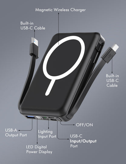 podoru for Magsafe Battery Pack, 10000mAh Magnetic Power Bank Built-in Double USB C Cables 20W PD Fast Charging LED Display Wireless Portable Charger for iPhone 17/16/15/14/13/12 Series-Black