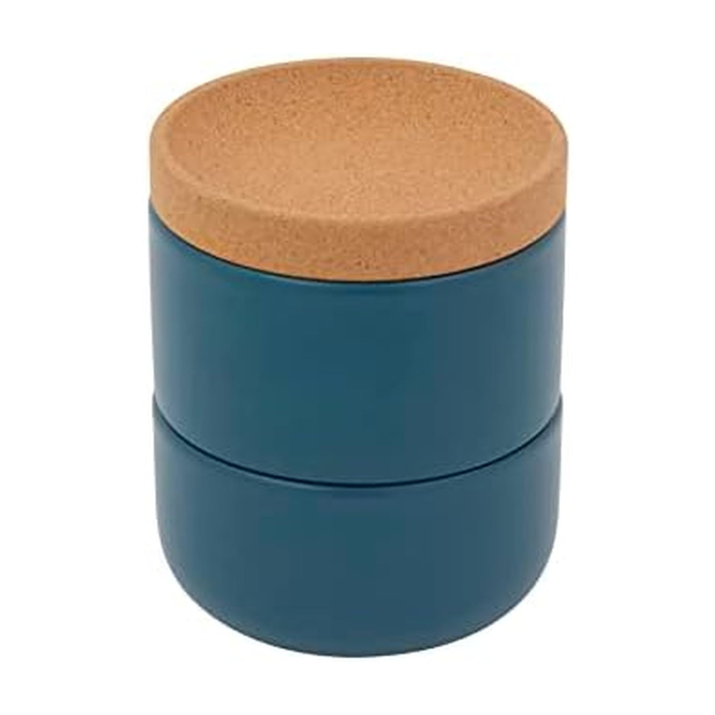 Ceramic and Cork 3 Piece Stackable Salt and Pepper Cellar For Countertop Space Saving, Easy Lift Lid to Retain Freshness, Natural Cork and Teal Ceramic