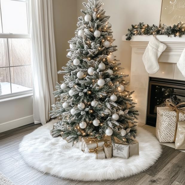 AISENO 48 Inch White Faux Fur Christmas Tree Skirt, Luxury Plush Tree Base Cover for Holiday Party and Home Christmas Decor