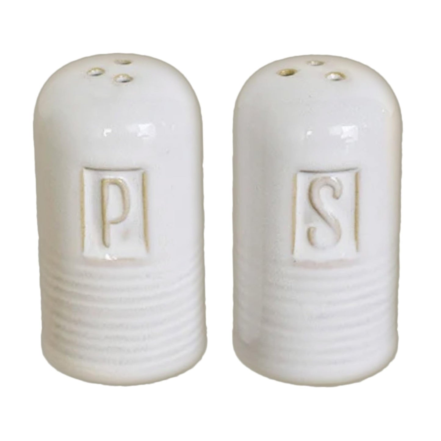100 North S and P Ribbed Stamped Design, Antique White 3 x 1.6 Inches Glazed Ceramic Salt-N-Pepper Shaker Set