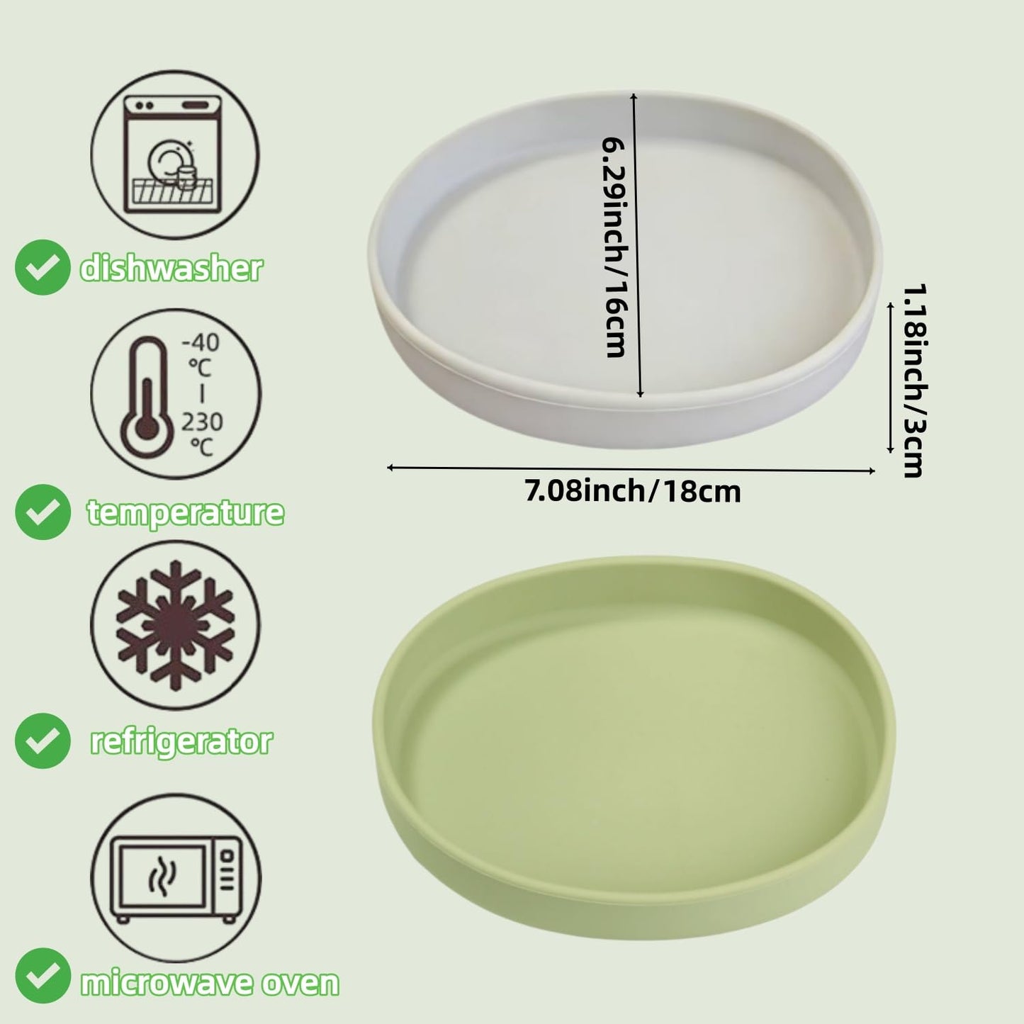 2 Pack 7 Inch Shallow Pet Bowls - Silicone Cat & Dog Food Dishes for Whisker Fatigue Relief - Non-Slip Flat Feeding Bowls for Dry/Wet Food & Water (Green & Gray)