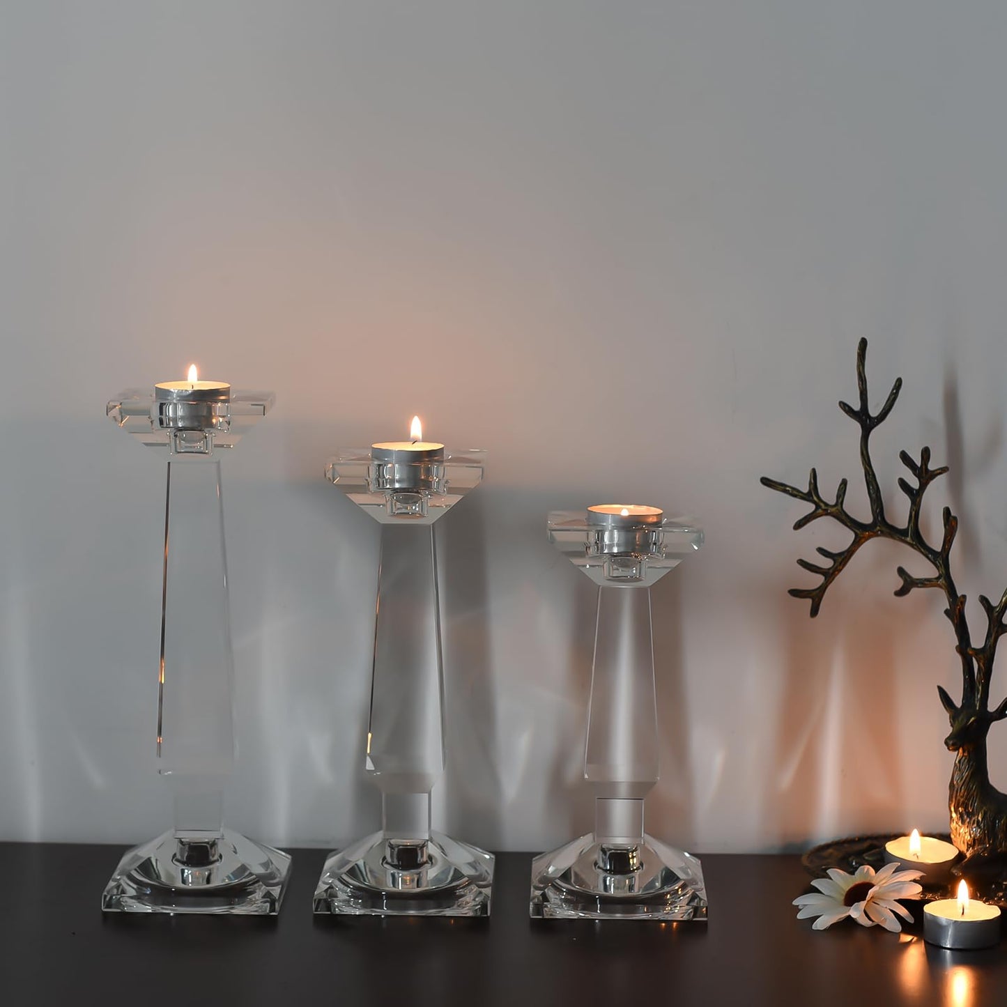 Marvala Crystal Candelabra Set, Dual-Sided Candle Holder Reversible for Taper, Tealight & Pillar Candles 3-in-1 Versatile Stand for Table, Wedding, Christmas, Home Holiday Decor (Set of 3-SML)
