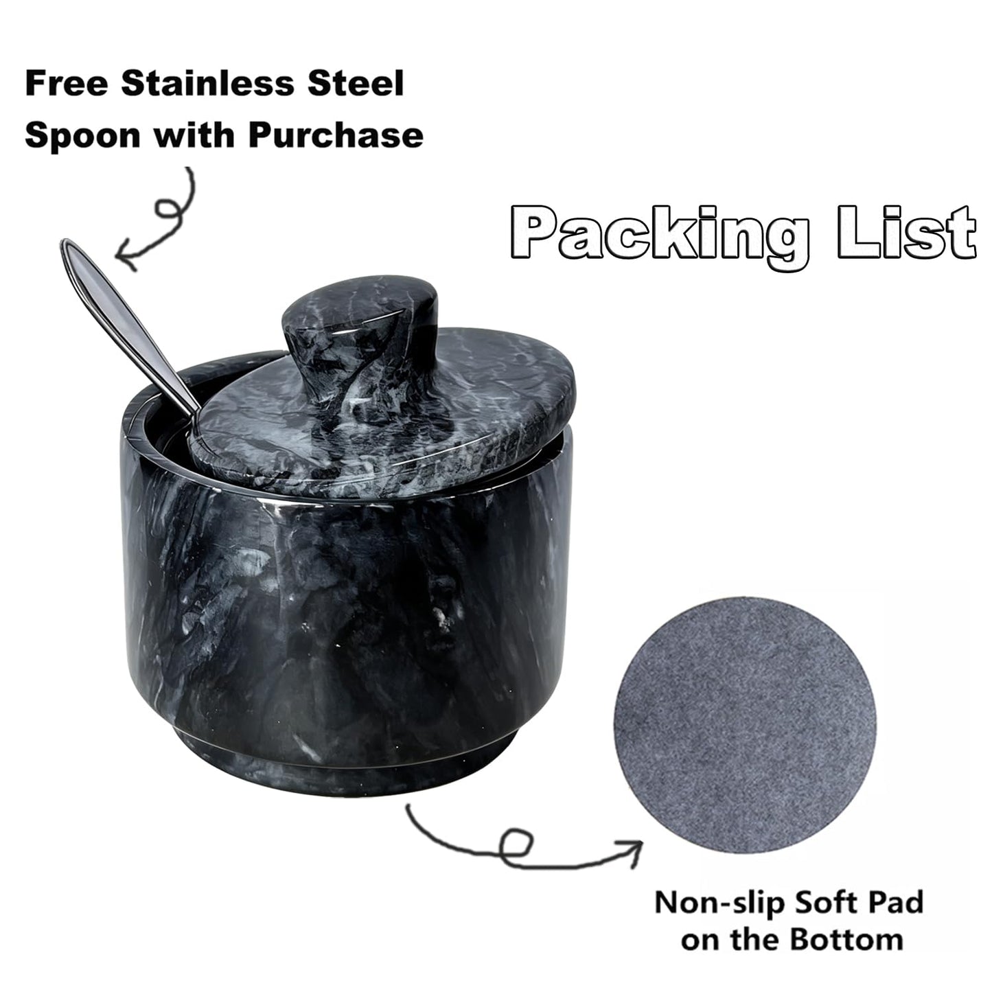 Aturalux Marble Salt Cellar with Lid & Spoon, 3" Black Salt Container for Countertop, Spice Jar, Stone Storage Box for Kitchen and Bathroom