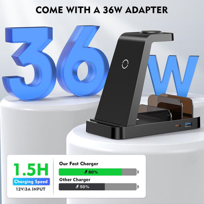 Wireless Charger for iPhone - 5 in 1 Charging Station for Multiple Devices Apple: Fast Wireless Charging Stand Dock for iPhone 17 16e 16 15 14 13 12 Pro Max Apple Watch Airpods