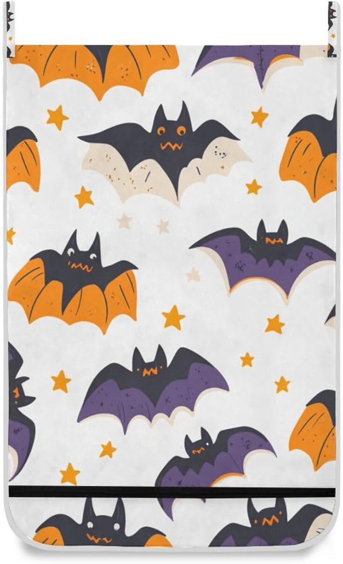 White Halloween Bats and Stars Hanging Laundry Hamper Door Hampers Bag Basket