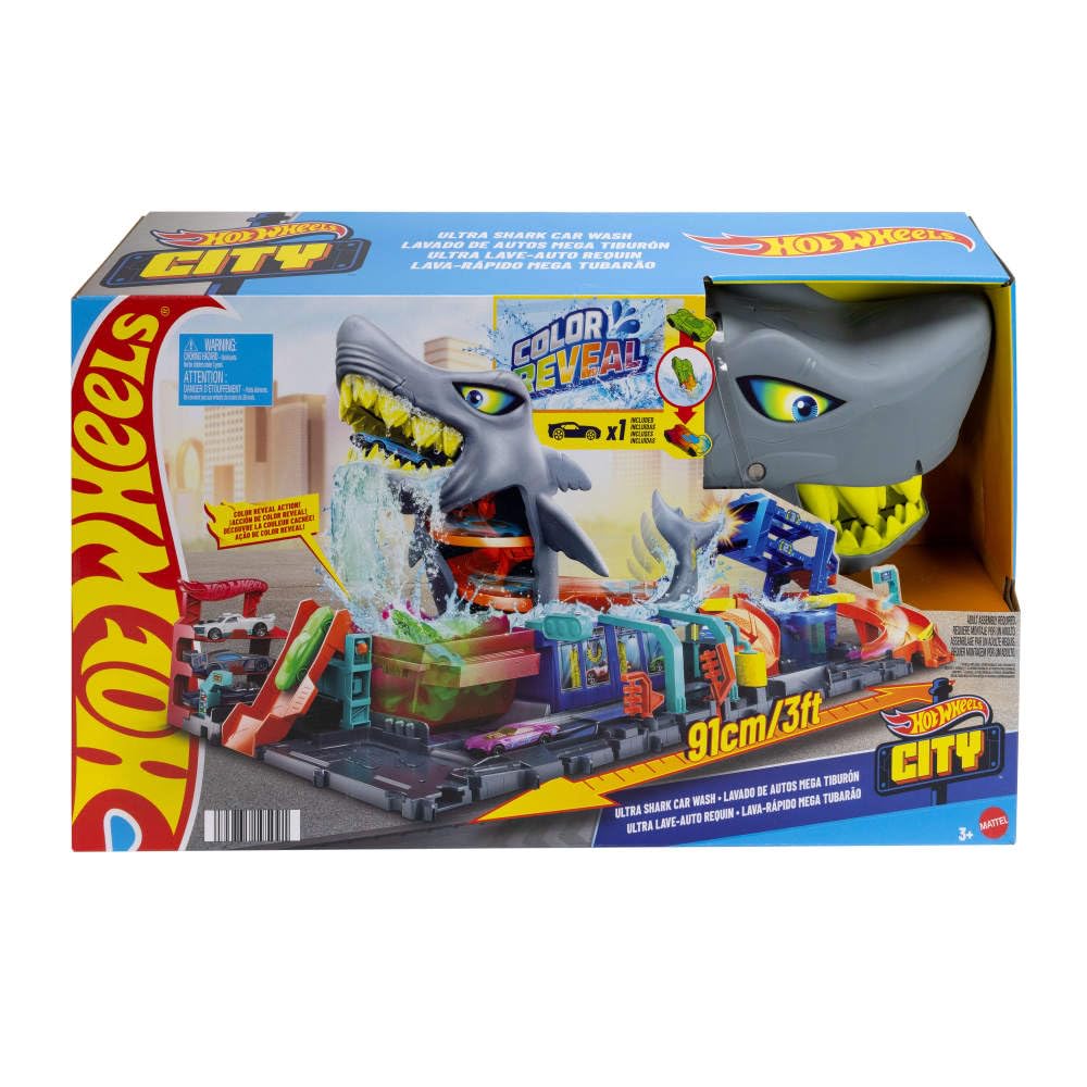 Hot Wheels Let's Race Netflix - City Toy Car Track Set, Ultra Shark Car Wash with 1:64 Scale Color Reveal Toy Car, Repeat Color-Change Feature, Storage, HTN82
