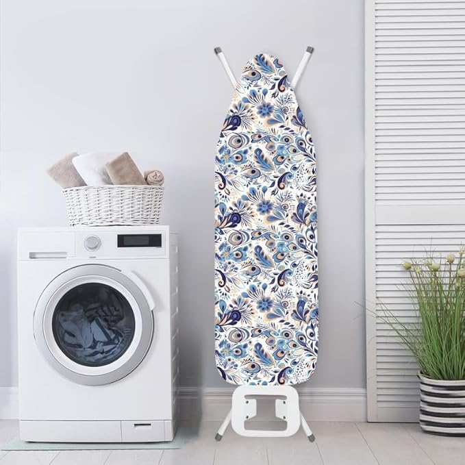 Blue Peacock Feather Steam Ironing Board Cover Damask Floral 15x54 Inch