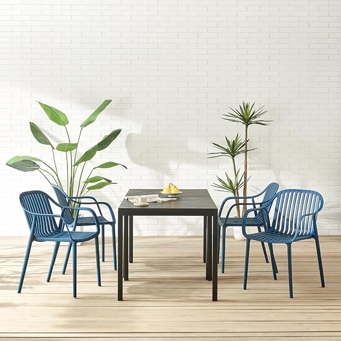 Modern Stackable Outdoor & Indoor Plastic Dining Chairs Set, Armchairs Set, Weather-Resistant, Ideal for Patios, Cafes, and Home Use, Set of 4 (Blue)