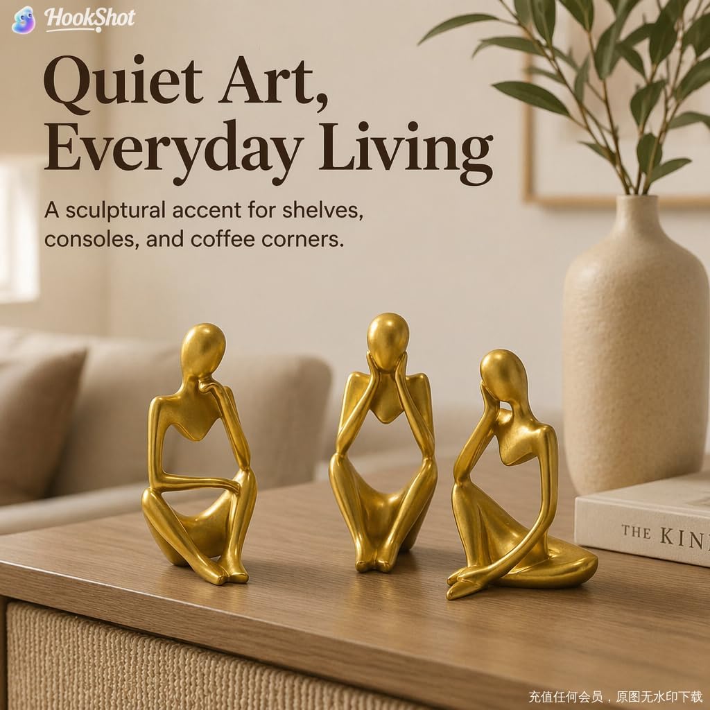 GJFASGF Gold Thinker Statue Set of 3 - Abstract Resin Figurines for Home Decor, Modern Art Sculpture for Office Desk, Bookshelf, Living Room, Minimalist Tabletop Decoration (5 inches)
