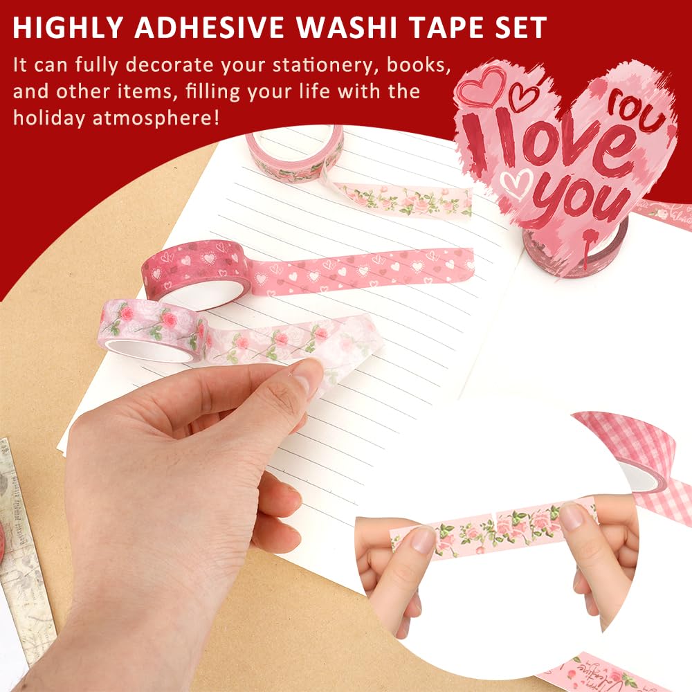 Koudindg Pink Red Washi Tape Set for Valentine's Day 12 Rolls Washi Tape for Journaling Anniversary Scrapbook Supplies Love Scrapbook Stickers Gifts for Girlfriend Stocking Stuffers for Women
