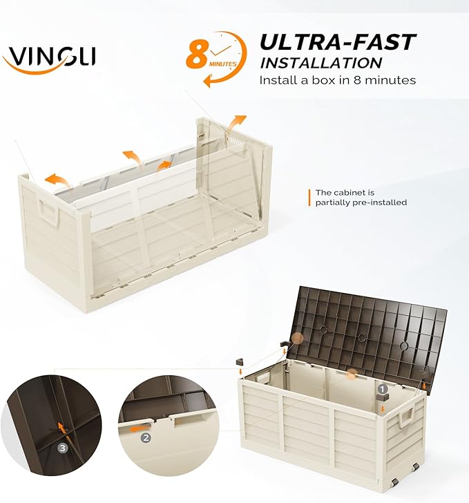 VINGLI 75 Gallon Collapsible Outdoor Storage Box, Simple-to-assemble Plastic Storage Containers with Lid, Patio Deck Box Furniture for Garden, Pool, Balcony, Yard (Coffee)
