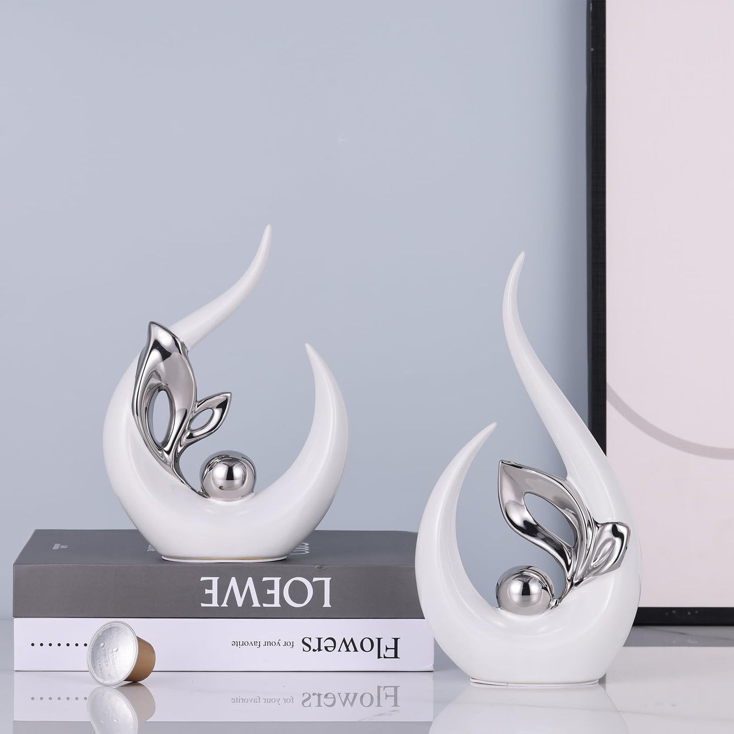 9.4" H White Silver Abstract Sculptures Home Decor, Ceramic Art Statue Cool Stuff to Put on Shelves&tv Stand Decor, Silver Accent Entertainment Center, for Fireplace Coffee Table Dining Table Decorate