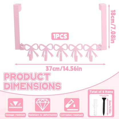 Yitexin 2 Way Mounting, Wall Mount or Over the Door Hooks, Cute Pink Bow Door Rack Hanger for Hanging, Heavy Duty Towel Rack with 5 Hook for Hats Purses Coats Clothes Bathroom Organizer (Pink)