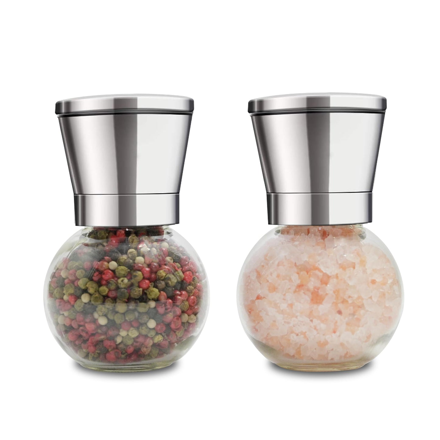 Bonris Stainless Steel Salt and Pepper Grinder Set of 2 - Round Design, Manual Operation, 5-Grade Adjustable Ceramic Coarseness for All Spices