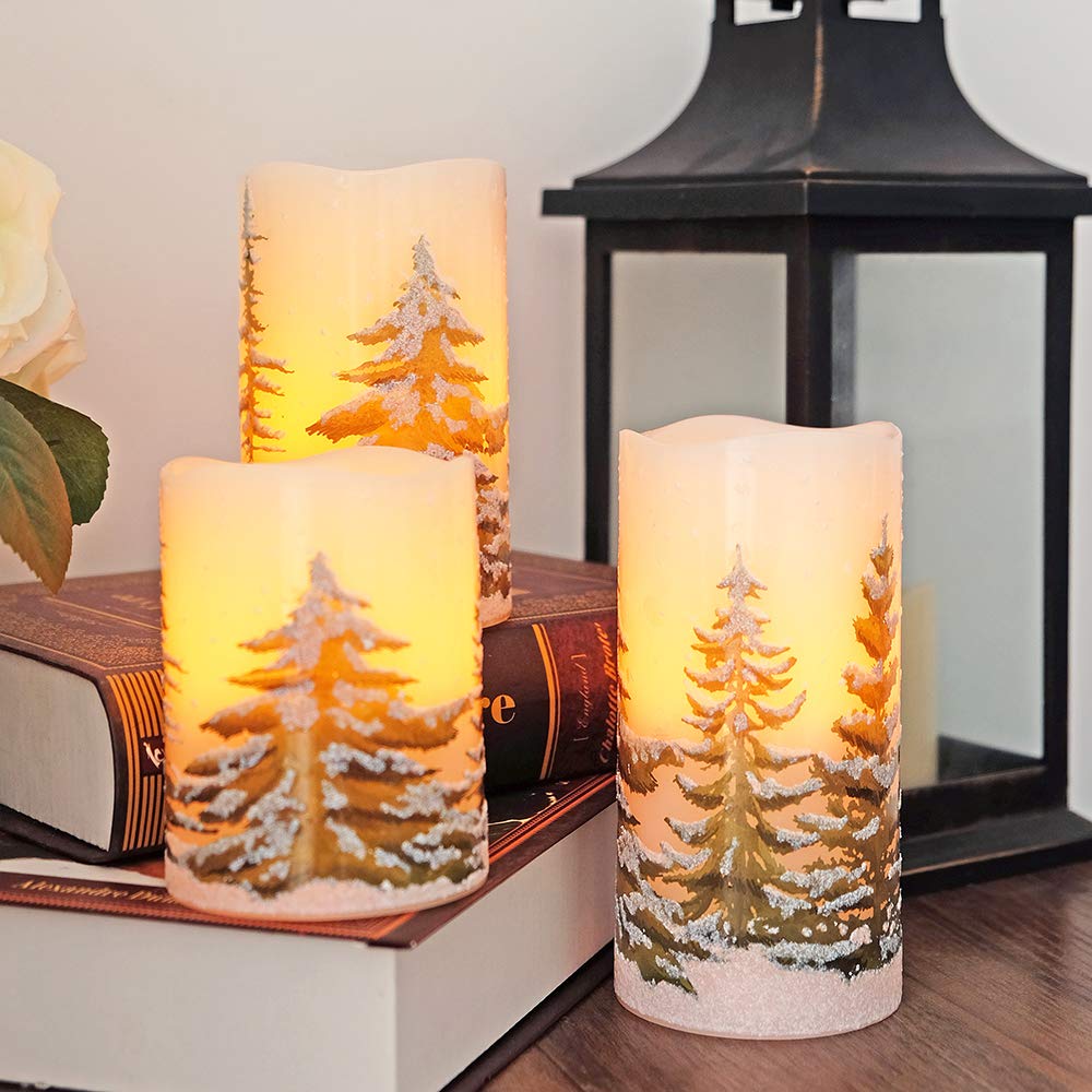 DRomance Christmas Flameless Candles with 6 Hour Timer, 3 Pack Real Wax LED Pillar Candles Warm Light Flickering Holiday Decor(Green Christmas Tree, 3 x 4,5,6 Inches)