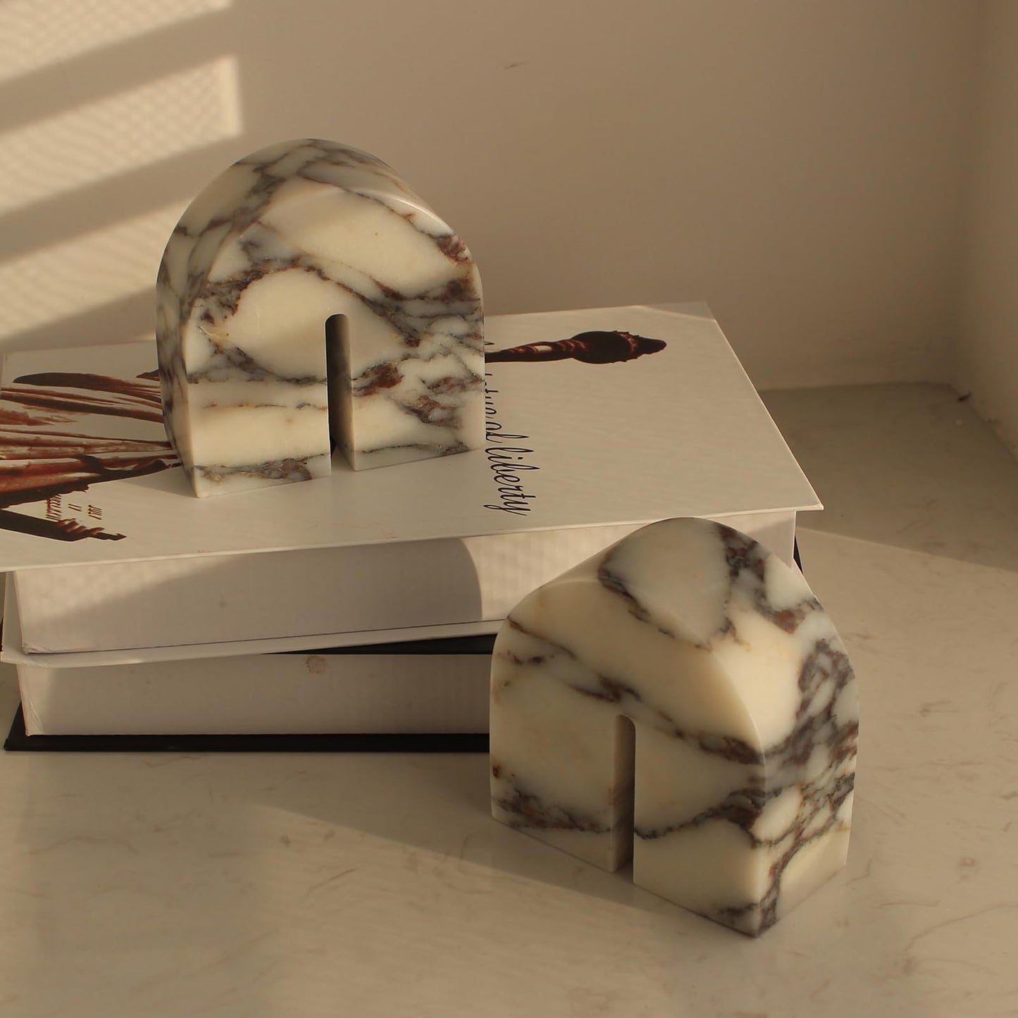 Set of 2 Natural Calacatta Viola Marble Bookends for Shelves, Decorative Book Ends for Heavy Books, Book Stopper Office Bookshelf Decor for CDs/Video Games