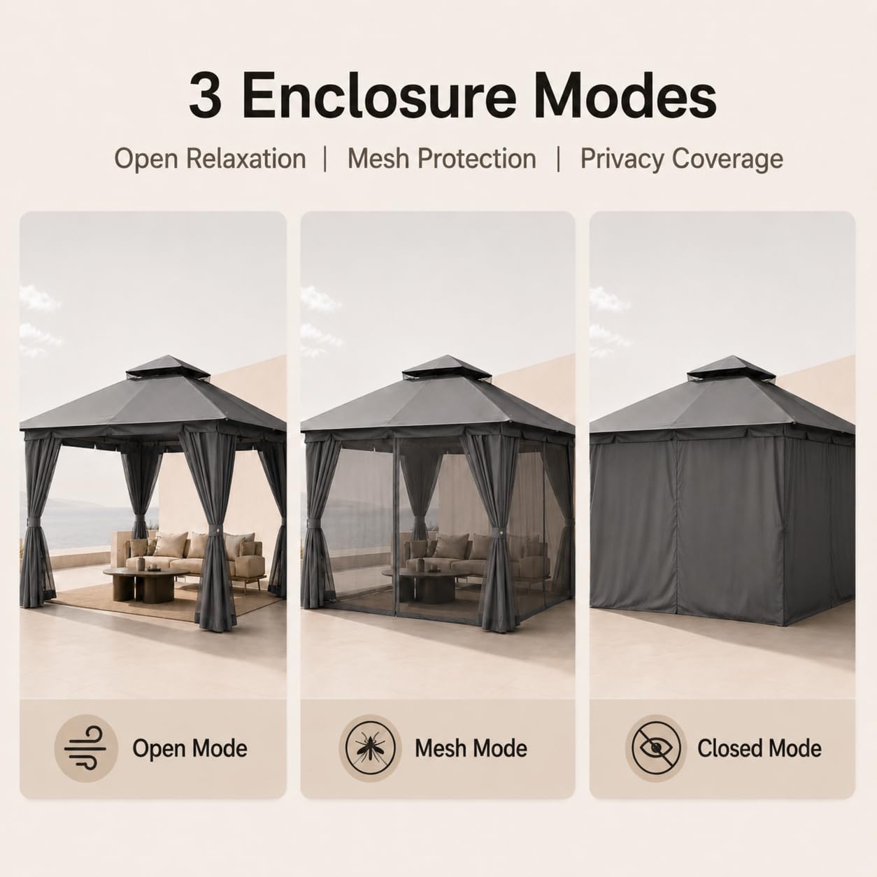 Kingdura 10'x10' Outdoor Gazebo, Heavy Duty Metal Patio Canopy Tent Shelter with Double Roof, Mosquito Netting & Privacy Curtains for Backyard, Garden, Deck, Lawn, Grey