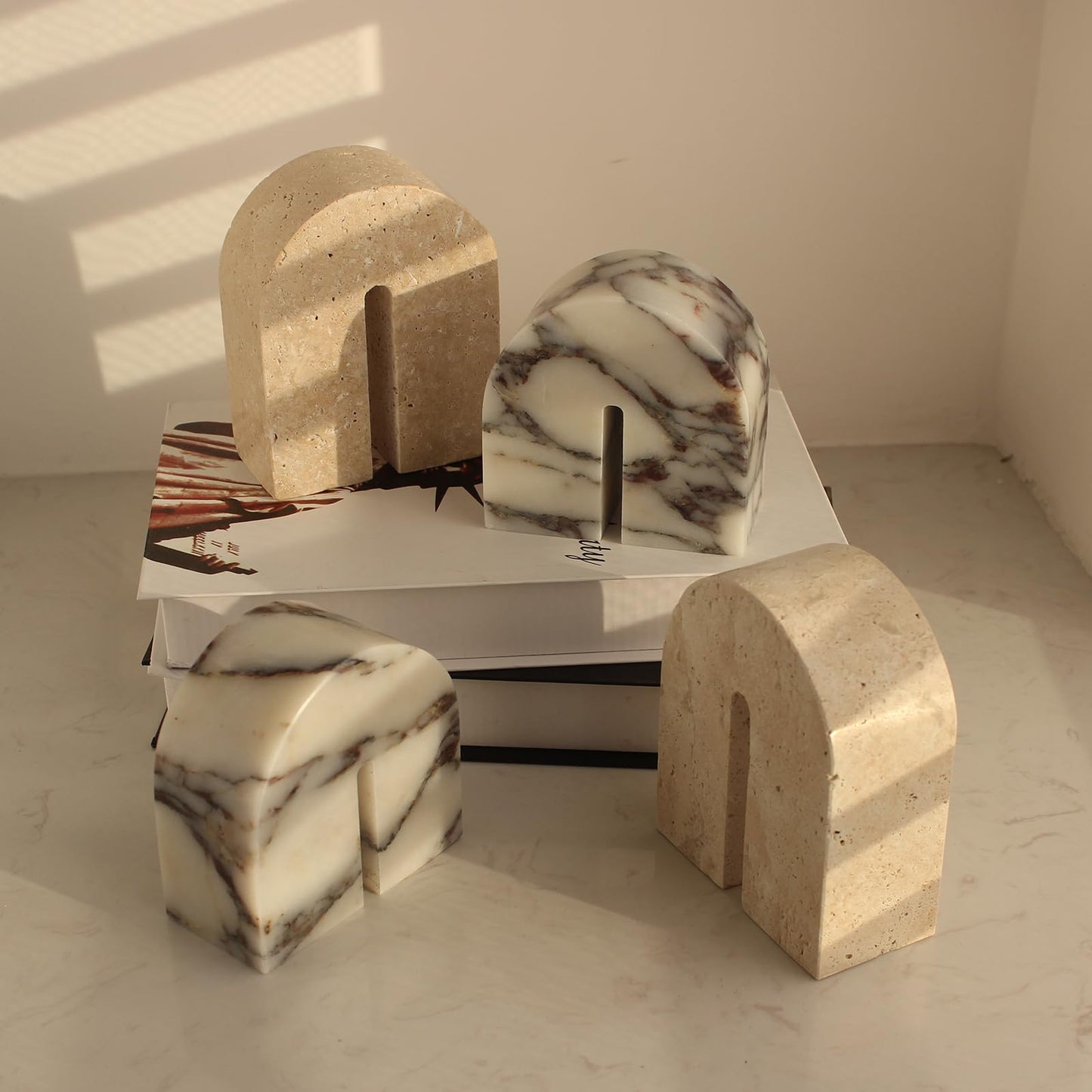 Set of 2 Natural Calacatta Viola Marble Bookends for Shelves, Decorative Book Ends for Heavy Books, Book Stopper Office Bookshelf Decor for CDs/Video Games